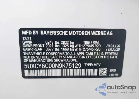 2022 BMW X6 xDrive40I from USA, damaged, VIN 5UXCY6C00N9K75129